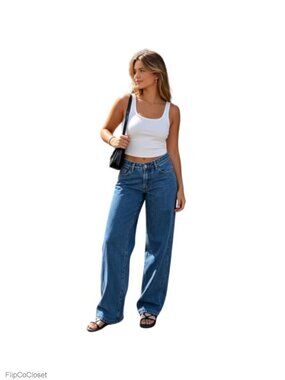 Mid Rise Baggy Straight Leg Denim Jeans 5-Pocket Casual Retro